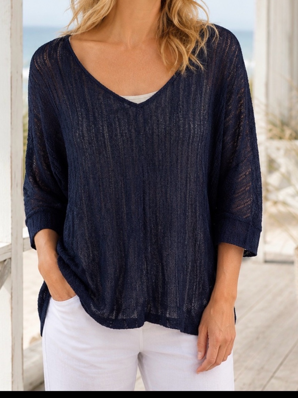 SMASH Navy Blue Semi Sheer Textured Knit Dolman Sleeve Top Medium